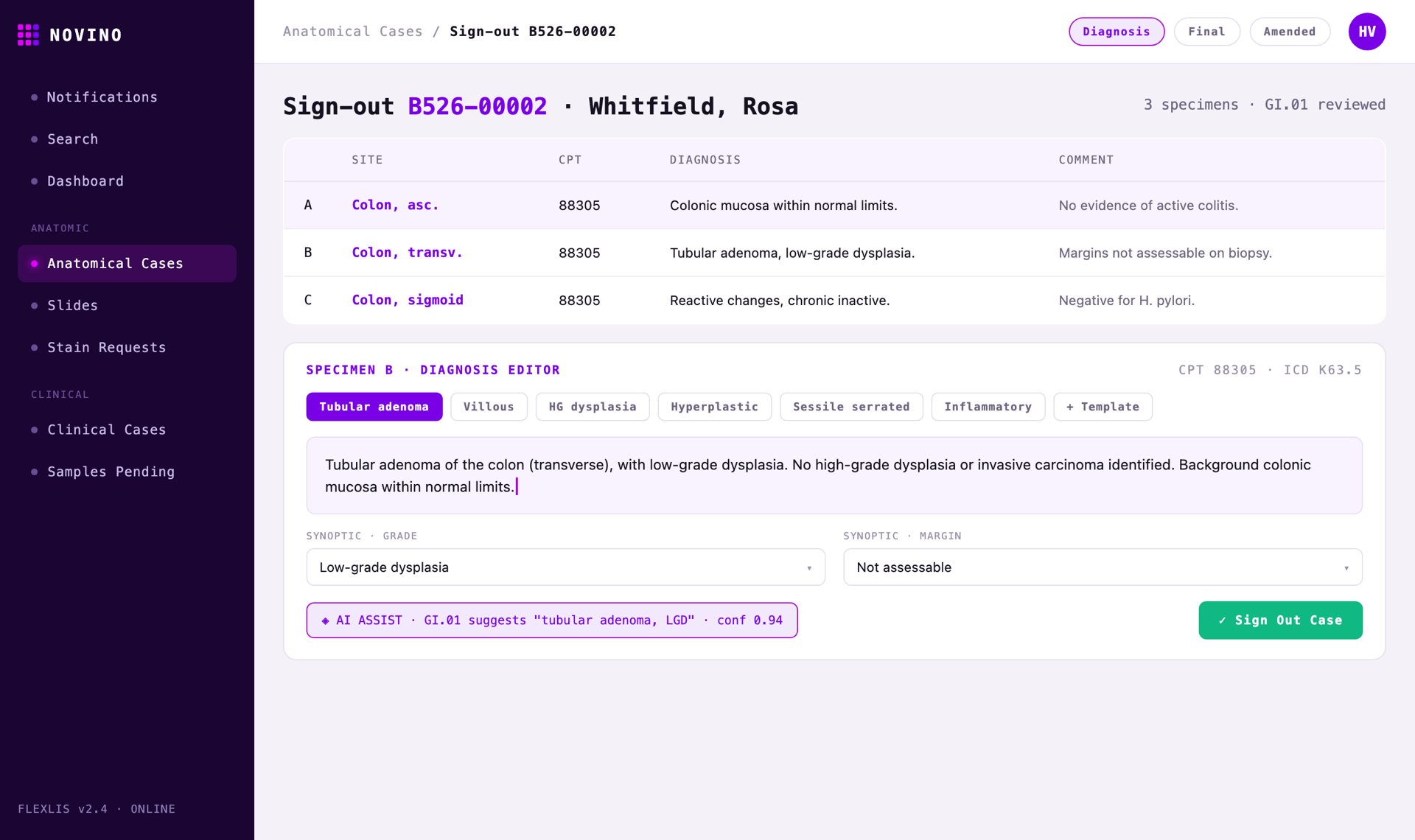 FlexLIS diagnosis sign-out and report editor